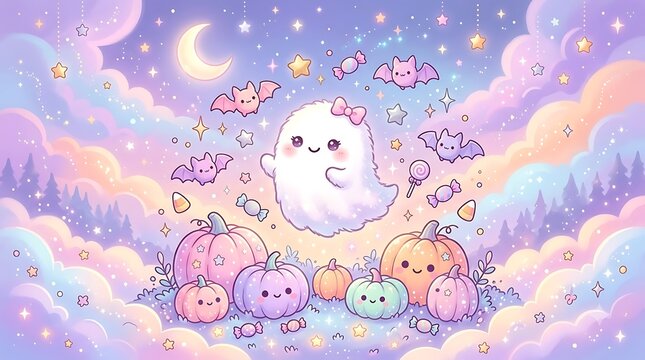 Cute pastel ghost with pumpkins and bats in dreamy sky