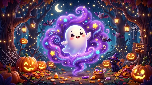 Cute ghost in magical forest with pumpkins and bats