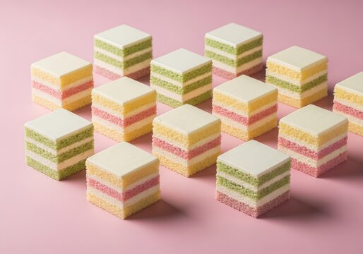 Elegant square cakes featuring layered pastel sponges and cream, arranged in a geometric grid pattern atop a soft pink matte background, rows, pastel, soft