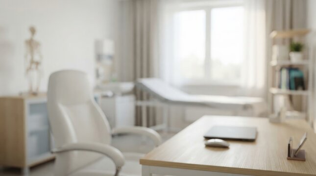 Blurred view of a modern medical office interior with a desk, chair, and examination table world diabetes day
