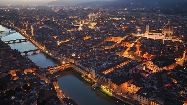 Florence, Italy. Aerial night 4K panoramic drone view of the city at dusk. Majestic view of the ancient city skyline with Basilics, Palazzo Vecchio, bridges, iconic buildings. Europe from above.