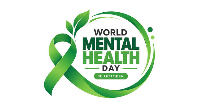 World mental health day logo with green awareness ribbon and leaves isolated on white background, world mental health day 2026, mental health day 2026, mental health day