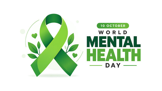 World mental health day banner with green awareness ribbon and leaves, world mental health day 2026, mental health day 2026, mental health day