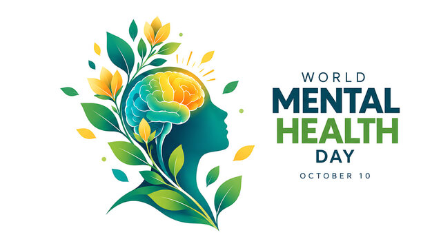 World mental health day concept with human head silhouette and brain surrounded by leaves isolated on white background, world mental health day 2026, mental health day 2026, mental health day