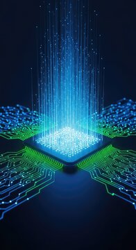 Glowing blue and green light pulses emanate from a quantum processor, representing high-speed data streams and deep artificial intelligence, quantum, processor, motherboard