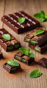 Handcrafted dark chocolate bars infused with fresh green mint leaves, scattered on a rustic wooden table with cocoa powder and garnish, dark, bitterness, texture