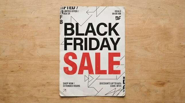 Minimalist black friday sale flyer design on a wooden surface with geometric lines, bold typography, and discount information for retail marketing