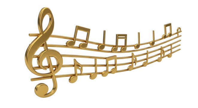 Golden music notes and treble clef on a musical staff isolated on transparent background