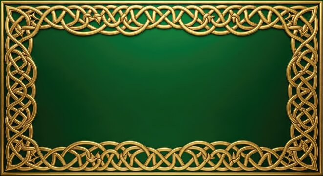 Ornate gold celtic knot border frames a deep emerald green background, featuring intricate metallic weaving and elegant shimmering textures, wallpaper, motif, elegant