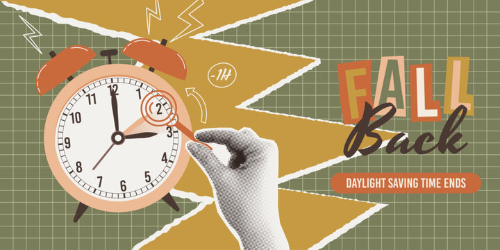 Fall Back Daylight Saving Time Ends in Europe October 2026, Retro Collage Banner with Vintage Alarm Clock