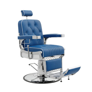 A blue barber chair with chrome accents and a footrest