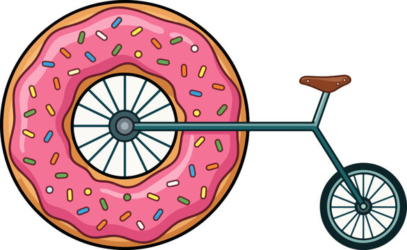 Whimsical penny farthing bicycle with sweet pink donut wheel.