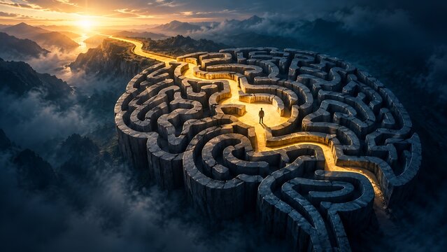 Businessman standing on a glowing path inside a giant brain shaped maze representing complex problem solving and strategic thinking.