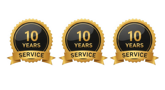 Three gold and black ten year anniversary award badge icons isolated on transparent background