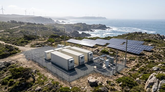 Sodium ion battery storage installation with solar panels and wind turbines in coastal renewable energy site