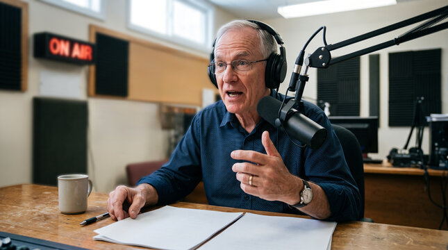 Senior Radio Host Speaking into Microphone in Broadcast Studio