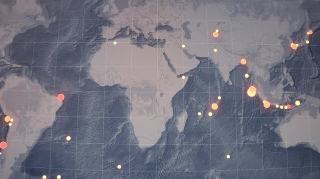 Camera shot computer monitor global seismic activity illuminated earthquake event across scientific geographic data display. Visible pixels screen structure filmed-monitor appearance geology, disaster