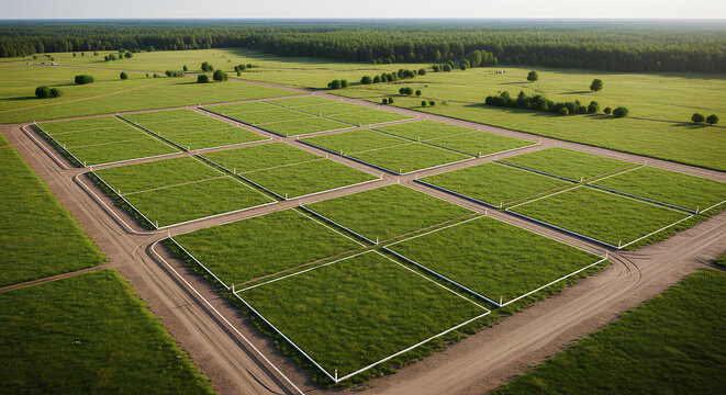 Aerial top-down view of marked land plots for real estate development in a green rural landscape.