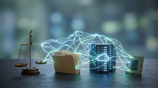 Enterprise AI transformation concept linking neural network glow, balance scale, file folders, cloud servers and a silicon chip