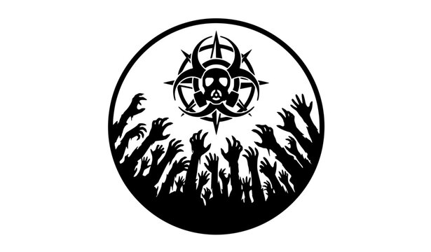 Circular zombie horde reaching hands silhouette horror emblem vector design