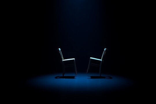 Two modern chairs glowing blue in dark room
