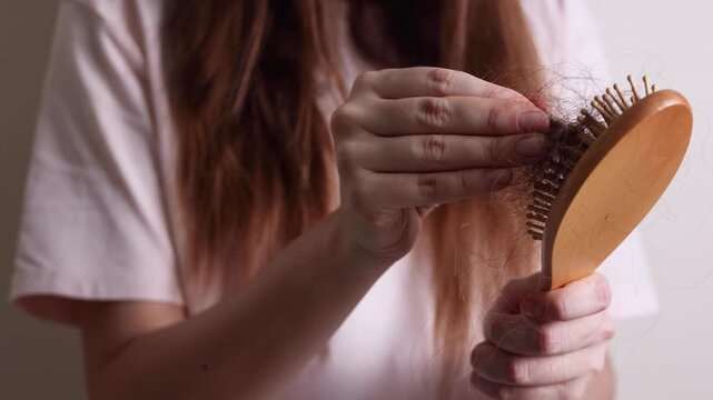 Close up of excessive hair loss and shedding on a hairbrush, representing hair health problems and alopecia