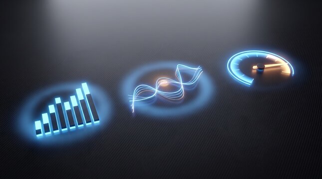 Digital holographic interface displaying bar charts dna helix and speedometer gauge