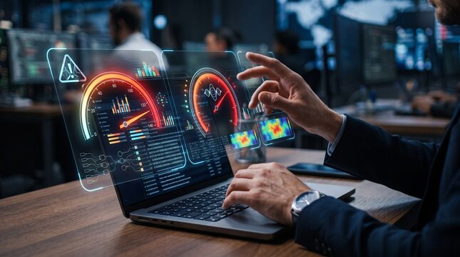 Man interacting with futuristic holographic dashboard displaying data and analytics