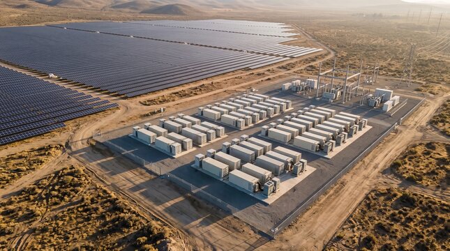 Sodium ion battery storage facility beside large solar farm aerial view modern renewable energy infrastructure