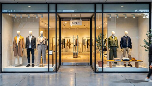 Modern clothing store with glass storefront mannequins and elegant fashion display