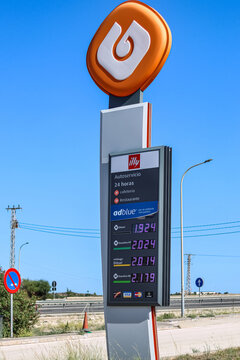 Fuel Price Sign at Roadside Gas Station. Diesel, Gasoline, adBlue, Energy Costs