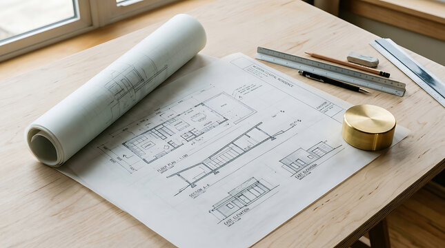 Rolled architectural blueprints on wooden table