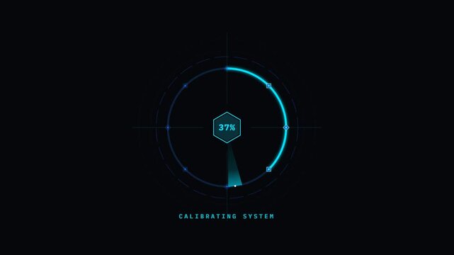 Premium 12-second sci-fi FUI animation featuring a central calibration core and precision scanner sweeping across 8 verification nodes. Detailed geometric HUD with clean futuristic design, perfect for