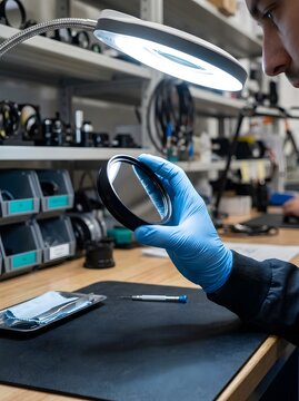 Precision optical lens inspection in laboratory, technician holding glass element under ring light, professional camera repair and maintenance service