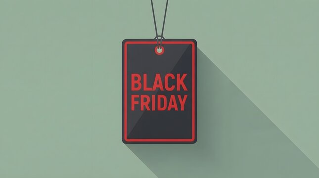 Black friday sale tag with red text and long shadow on a light green background
