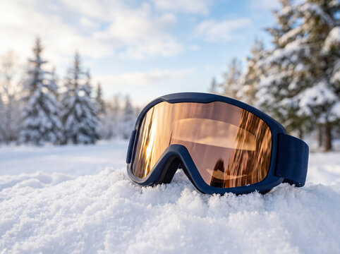 ski goggles with orange mirror lens on snowdrift of fluffy snow in winter forest under blue sky