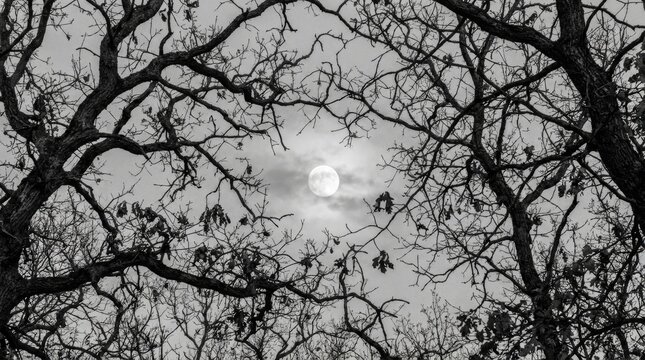 Pale full moon framed by twisting leafless winter tree limbs in gray sky