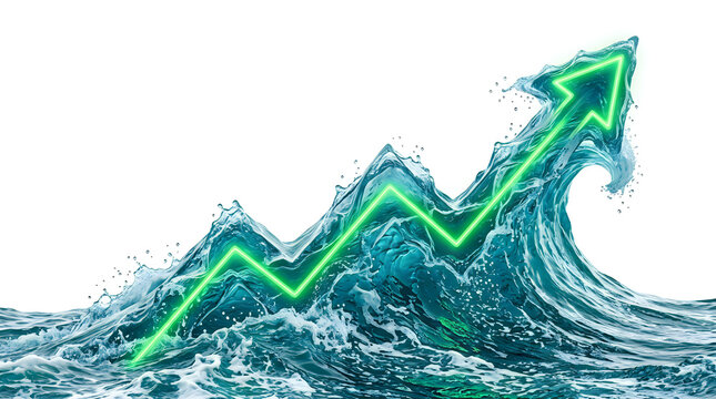 Green glowing growth arrow on water wave graph, financial market trend concept illustration, blue liquid ocean chart isolated on white background