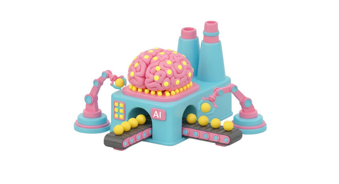 Toy brain factory producing ideas with conveyor belts and robotic arms in studio lighting