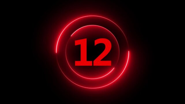 Red neon glowing number 12 countdown timer with circular light frame on black background, twelve