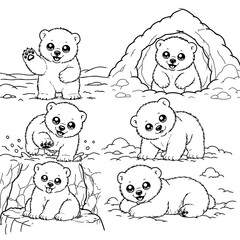 Cute baby polar bear coloring page set, six adorable kawaii polar bear cubs in snow and ice cave line art illustration for kids coloring book © Rissy_Art 