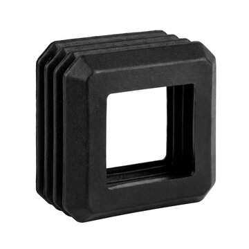 Black square rubber bellows isolator connector piece isolated on a plain white background used for industrial vibration damping machine parts