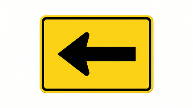 Yellow Rectangular Road Sign with Bold Black Left-Turn Arrow Isolated on White Background