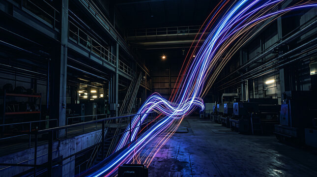 Industrial warehouse with dynamic neon energy light trails, cinematic b-roll footage