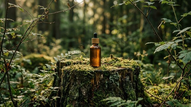 Amber glass bottle of essential oil on mossy tree stump in forest.