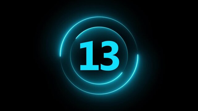 Neon blue glowing number 13 countdown timer with circular hud interface on black background thirteen