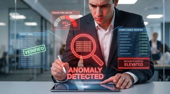 Cybersecurity analyst reviewing anomaly detection alerts on a laptop with digital security interface