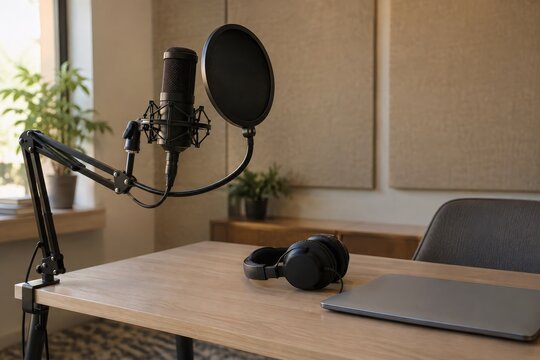 Microphone and headphones in a warm podcast studio