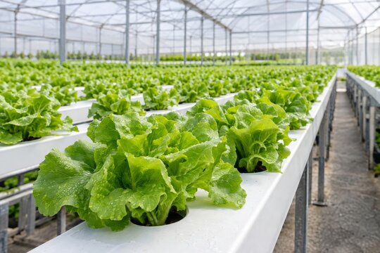 Green lettuce growing in hydroponic greenhouse channels