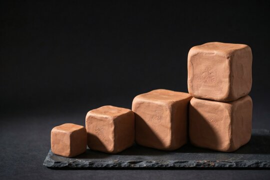 Terracotta clay cubes pressed with fingerprints stepping upward on dark slate